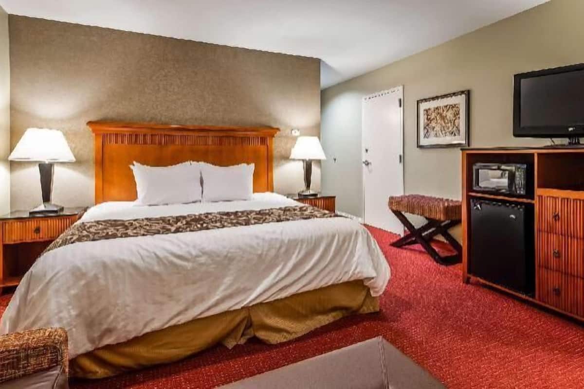 A hotel room with a large bed, two bedside tables with lamps, a television, a minibar, and a door.
