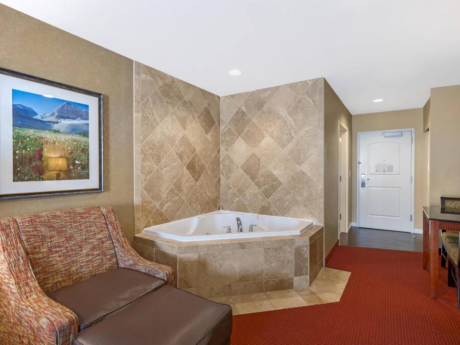 A bathroom with a large bathtub, a framed picture on the wall, and a red carpet.