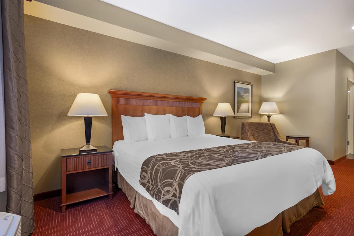 A hotel room with a large bed, two bedside tables with lamps, a chair, and a door.