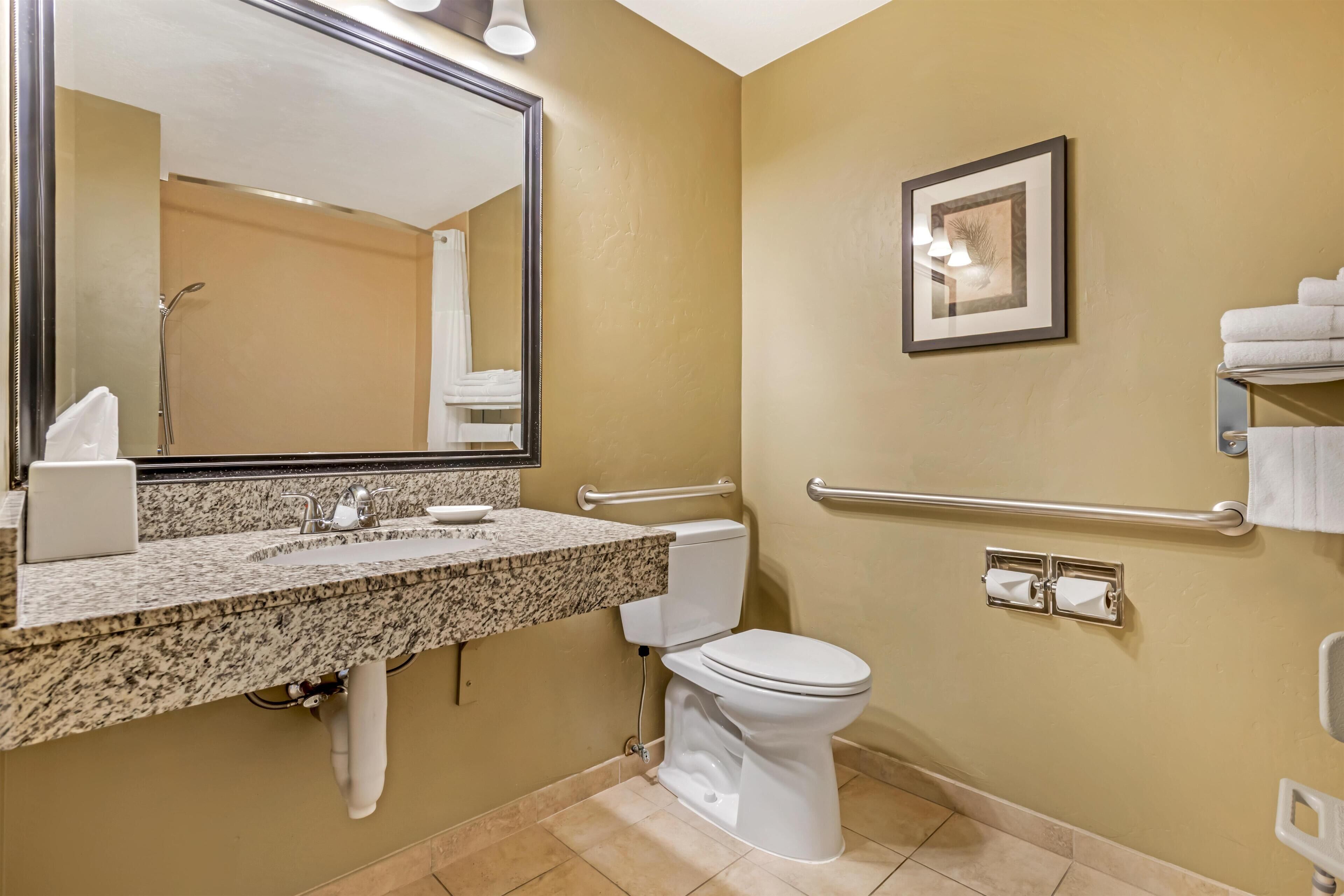A bathroom with a granite countertop sink, a white toilet, a large mirror, a framed picture on the wall, and a towel rack with folded towels.
