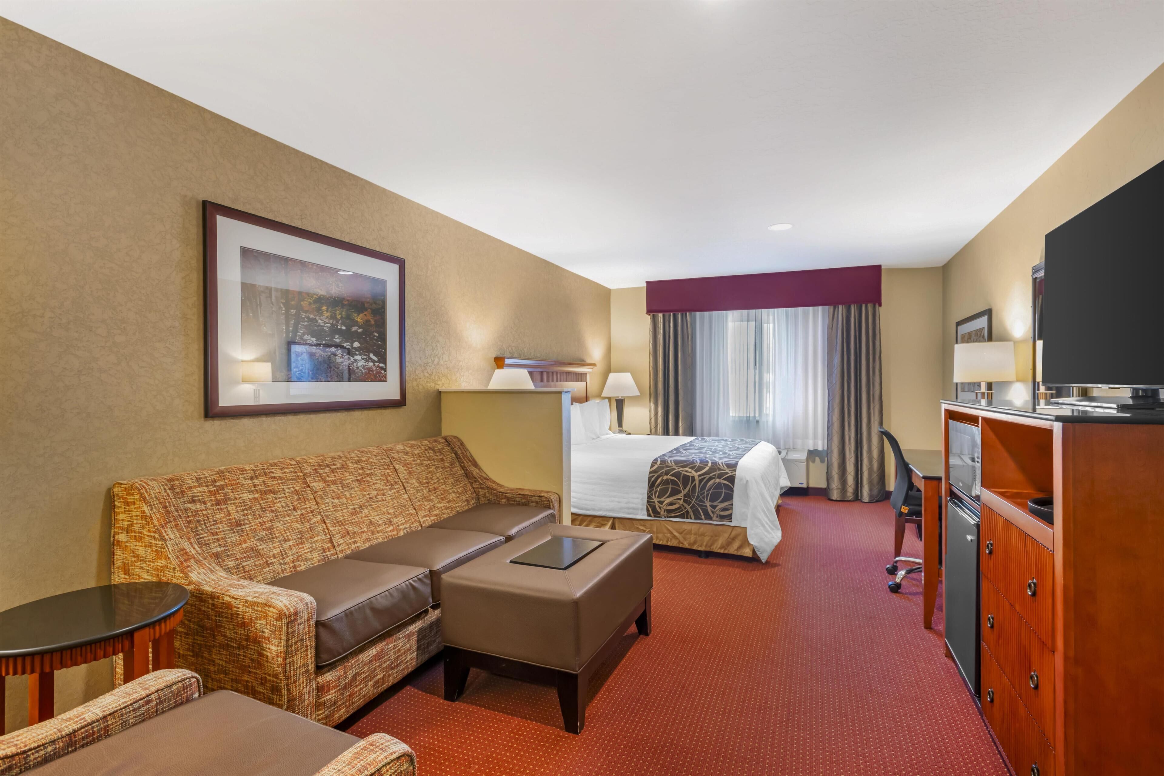 Une chambre d’hôtel avec un canapé, une petite table, un lit recouvert d’une couvre-lit à motifs, un bureau avec une télévision et une fenêtre avec des rideaux.