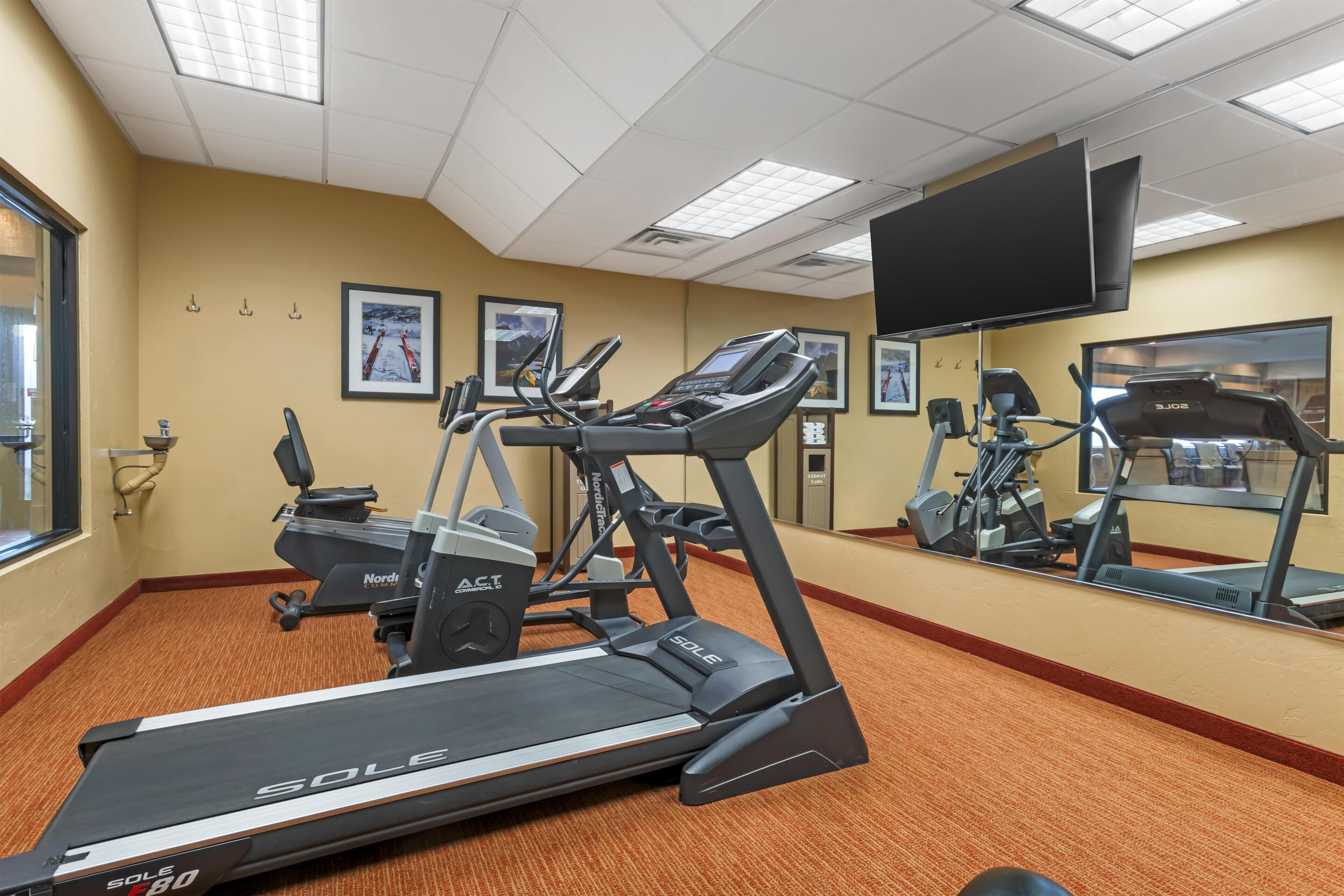 Une salle de sport équipée de tapis de course, de vélos d’appartement et d’un mur recouvert de miroirs.