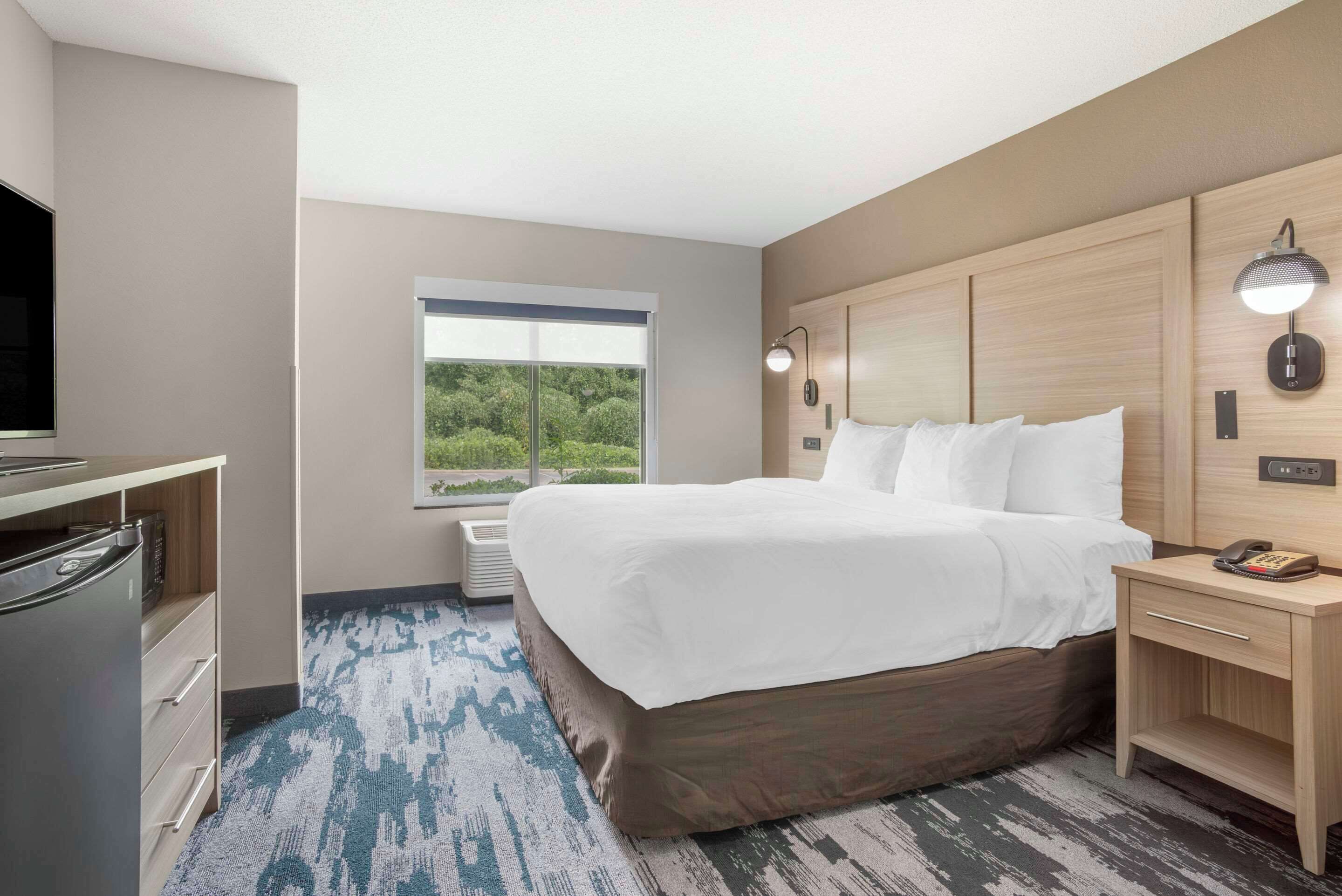 Quarto de hotel com cama grande, televisão, escrivaninha e janela com vista para área verde.