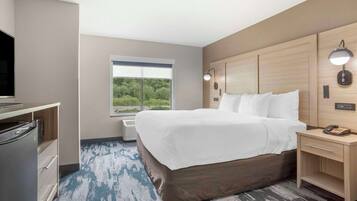 Quarto de hotel com cama grande, televisão, escrivaninha e janela com vista para área verde.