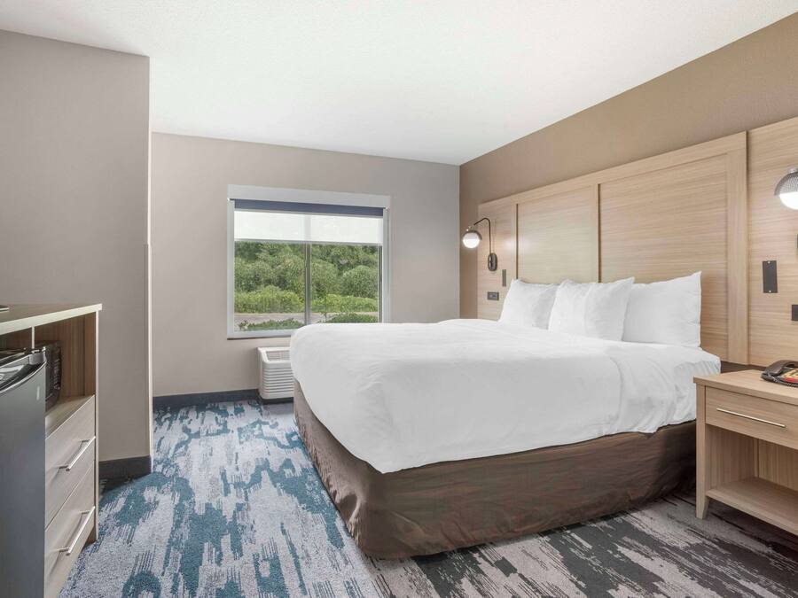 Une chambre d’hôtel avec un grand lit, une télévision, un bureau et une fenêtre donnant sur un paysage verdoyant.
