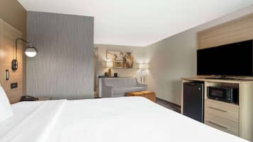 Une chambre d’hôtel avec un lit, un canapé gris, une télévision, un four à micro-ondes et une petite table.
