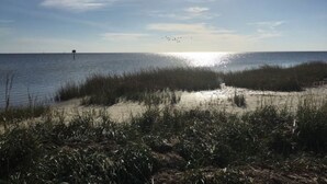A beach with a clear sky, calm water, and some vegetation in the foreground. - Holiday Inn Express Hotel & Suites PERRY by IHG (Perry)