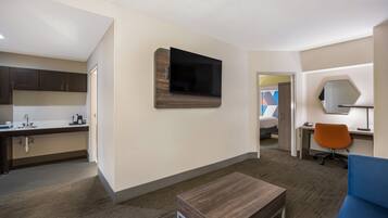 In-room safe, desk, laptop workspace, blackout curtains