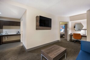 In-room safe, desk, laptop workspace, blackout curtains