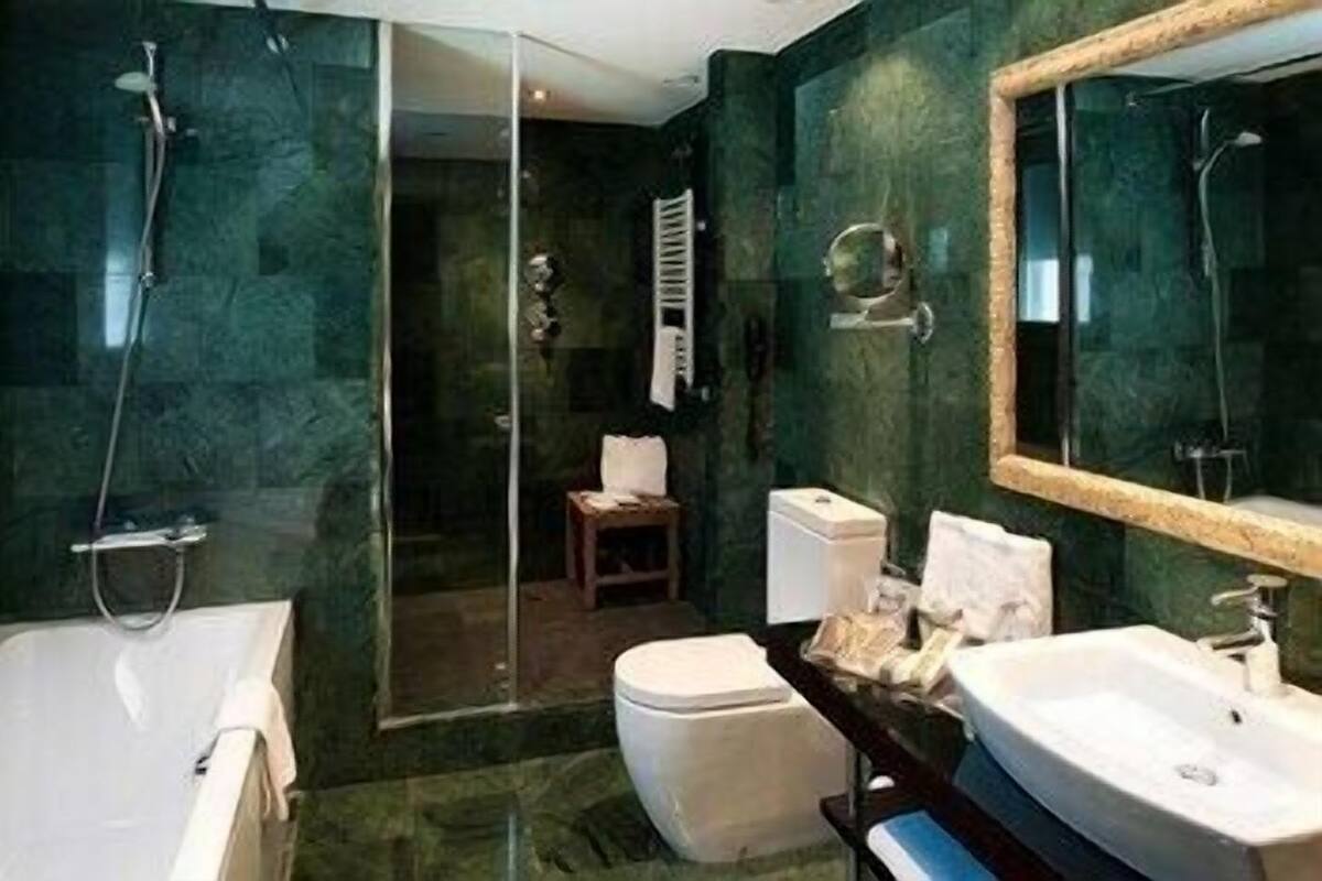 Une salle de bain équipée d’une douche, de toilettes, d’un lavabo et d’un grand miroir.
