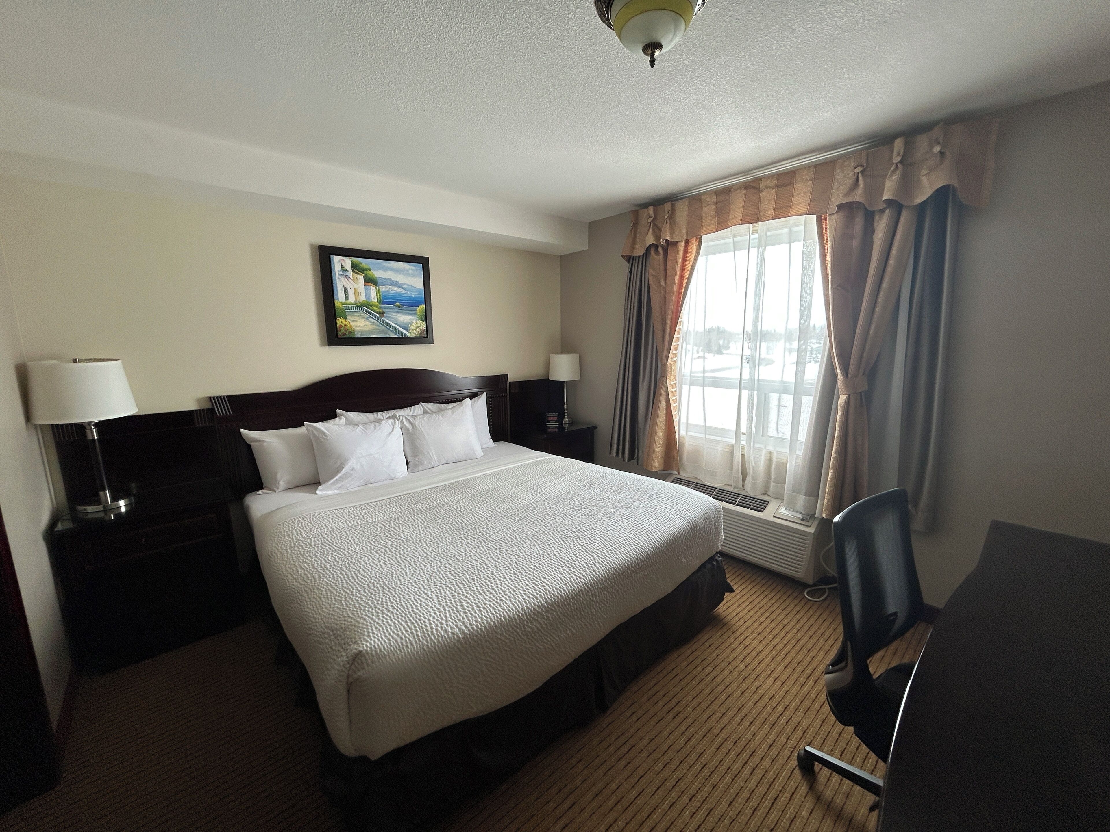 Down comforters, memory foam beds, desk, soundproofing