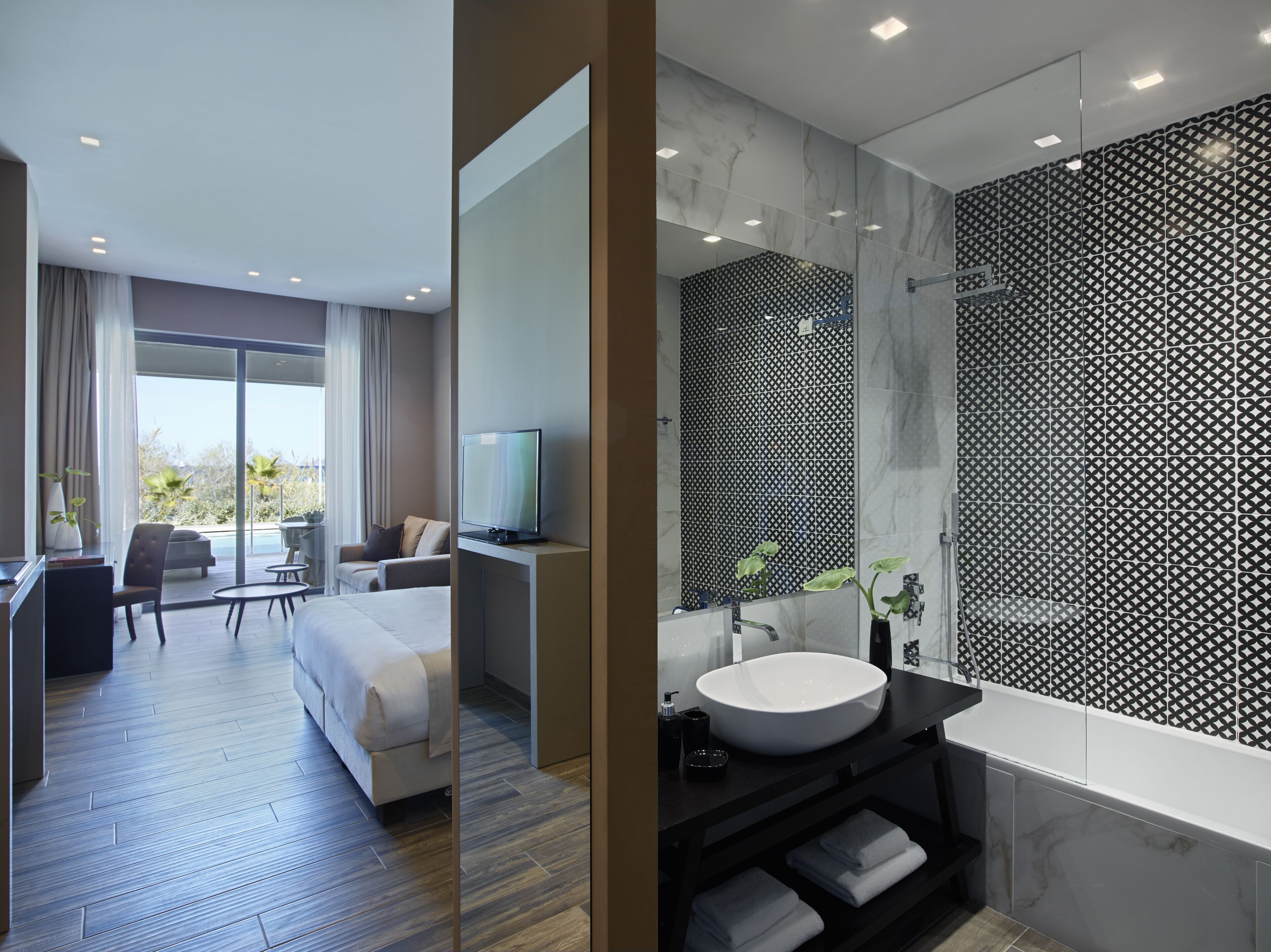 junior suite, pool access | living room | 32-inch lcd tv with satellite channels, tv