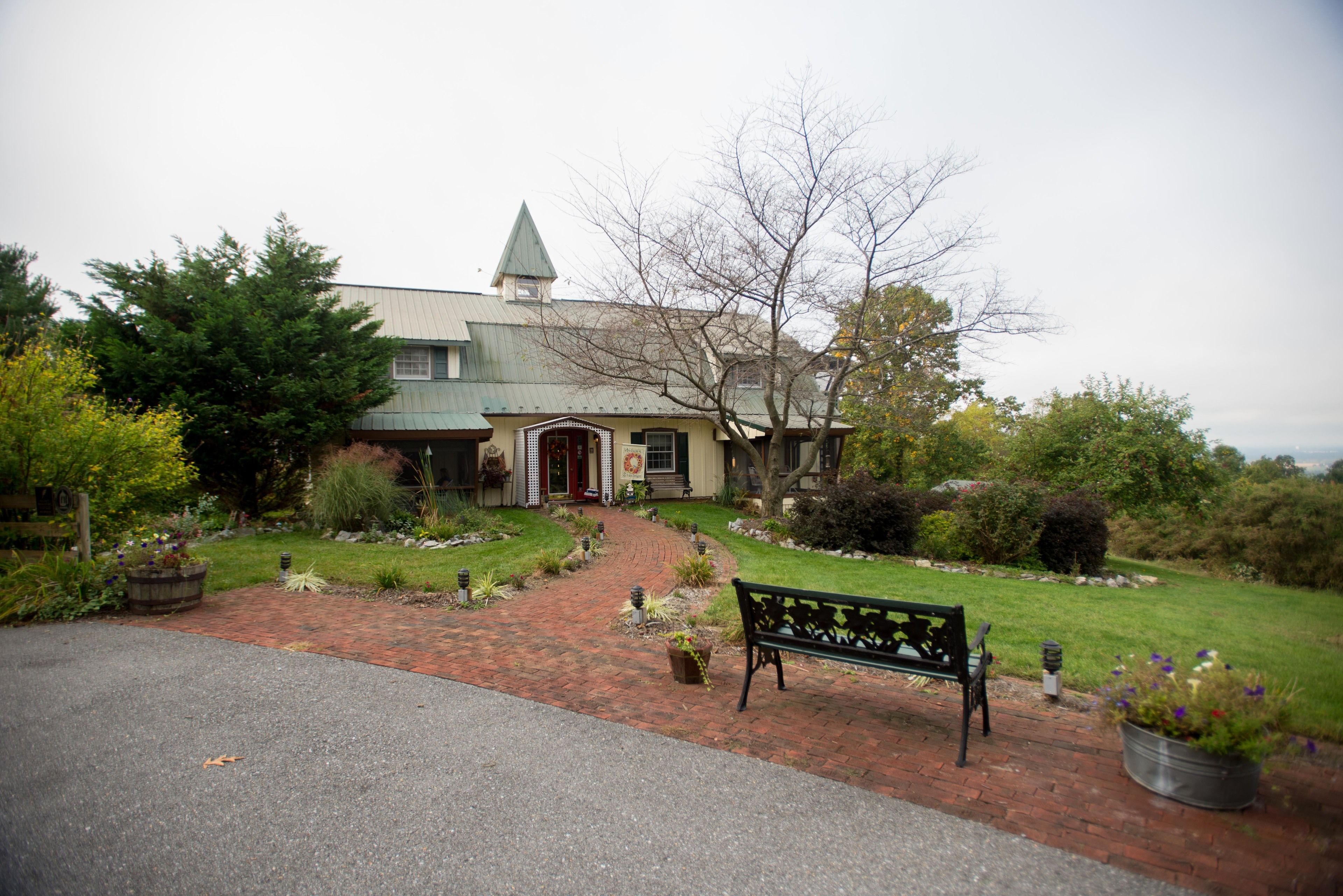 A house with a brick pathway leading to a front door, surrounded by greenery and a bench.