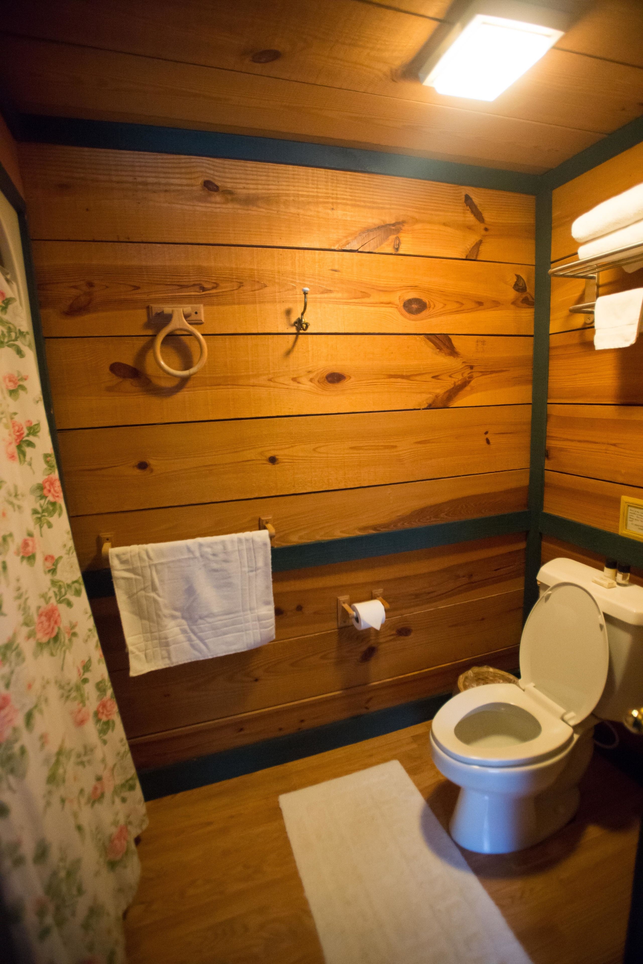 Een houten badkamer met toilet, handdoekhouder en wc-rol.