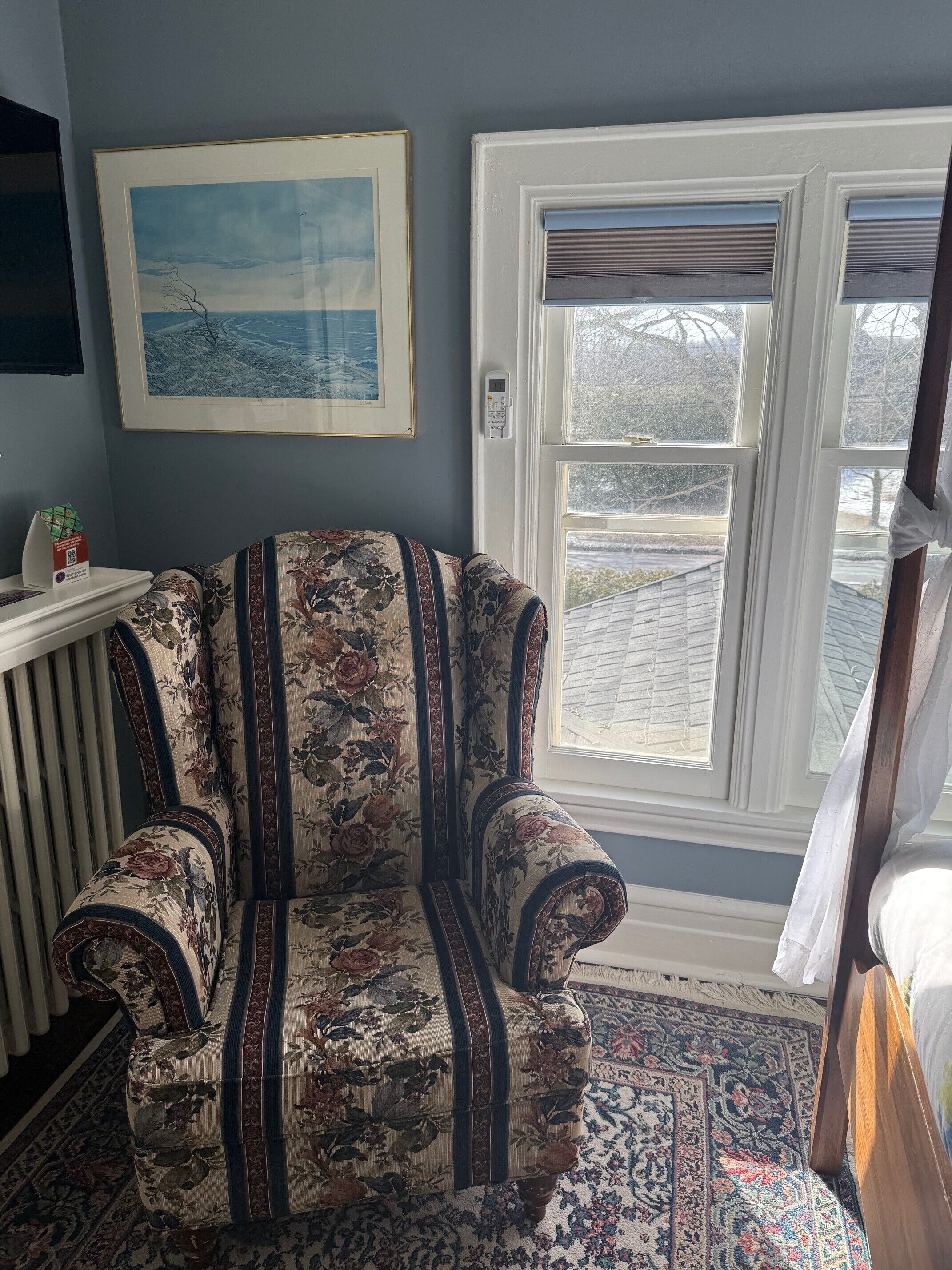 A room with a floral-patterned armchair, a framed picture on the wall, and a window with blinds.