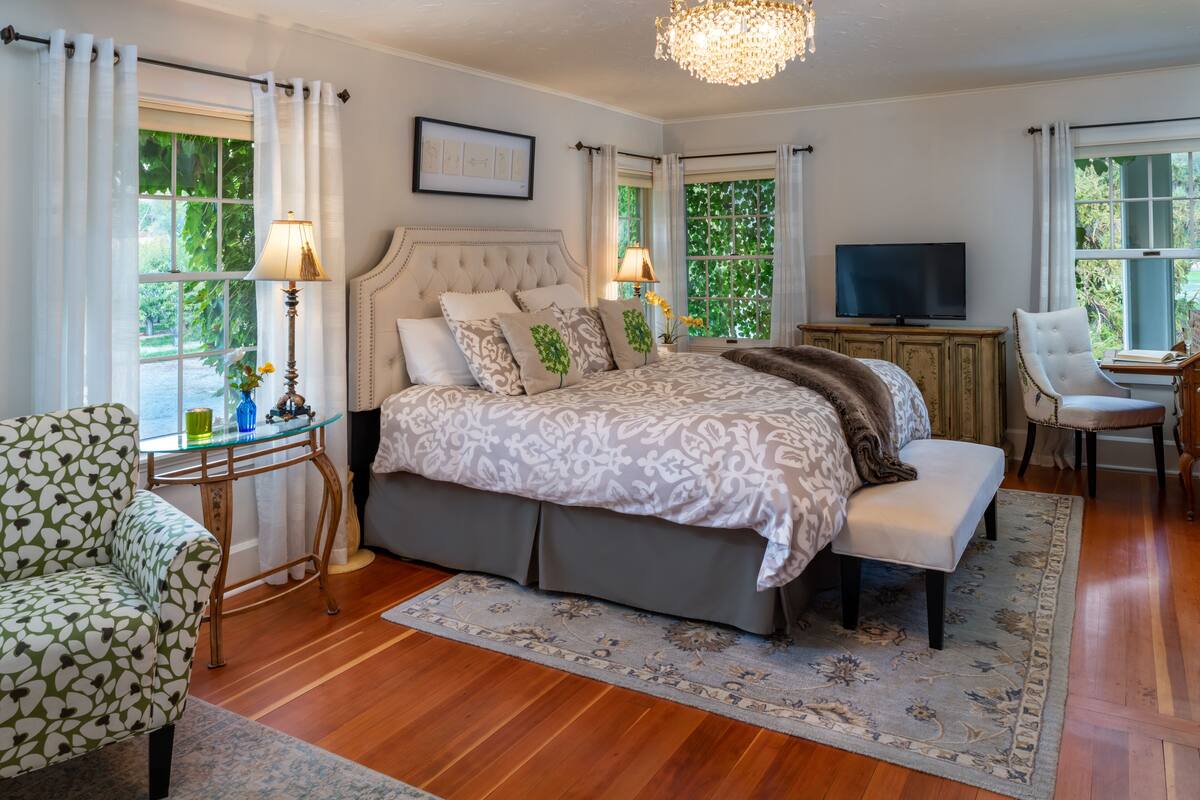 Quarto com uma cama grande, televisão, cadeira e escrivaninha com abajur.