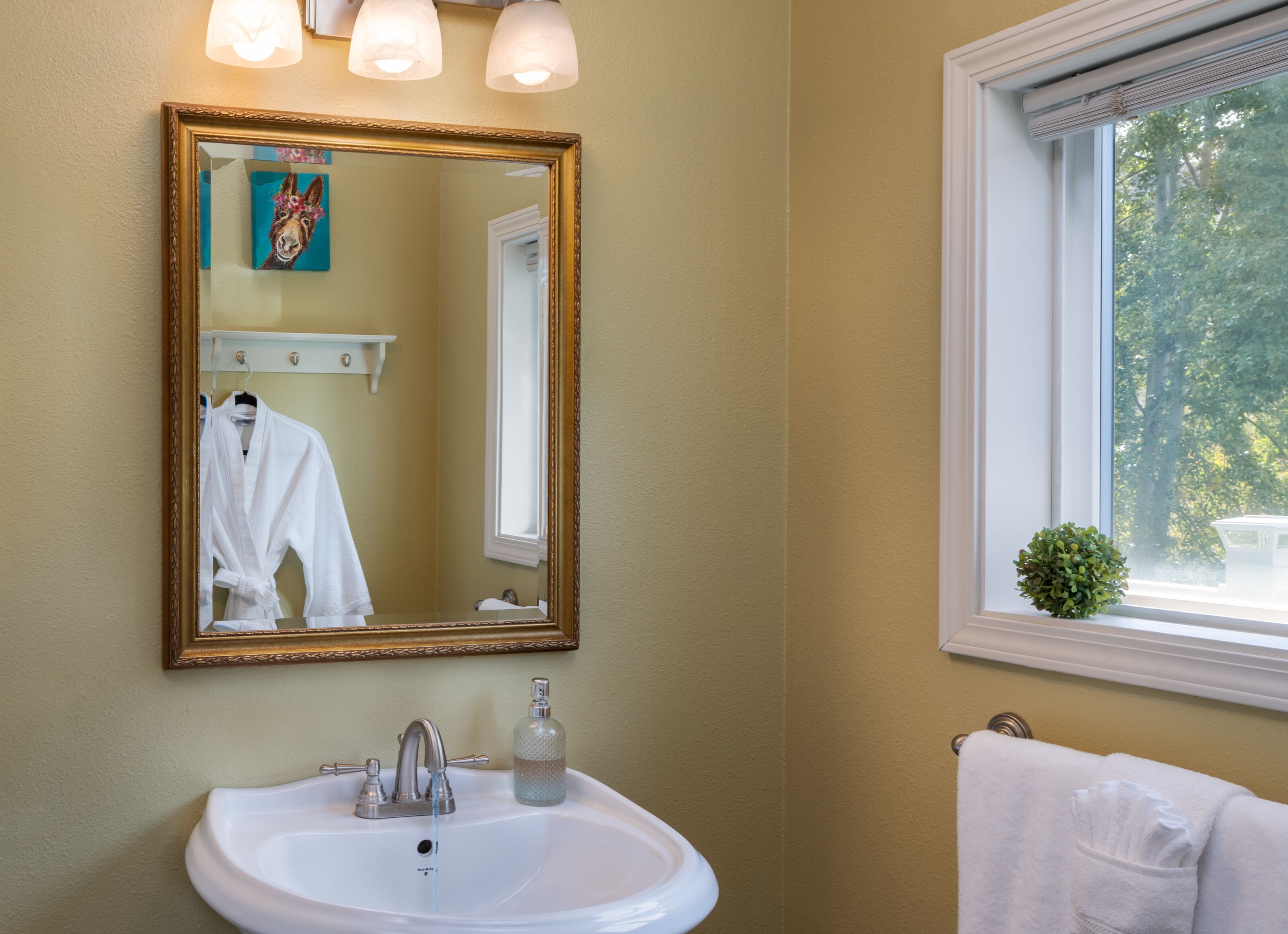 Un baño con un lavabo blanco, un espejo con marco dorado y una ventana que da a árboles.