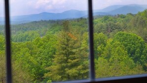 Vista a través de una ventana con un diseño de cuadrícula, mostrando un paisaje boscoso con montañas al fondo.