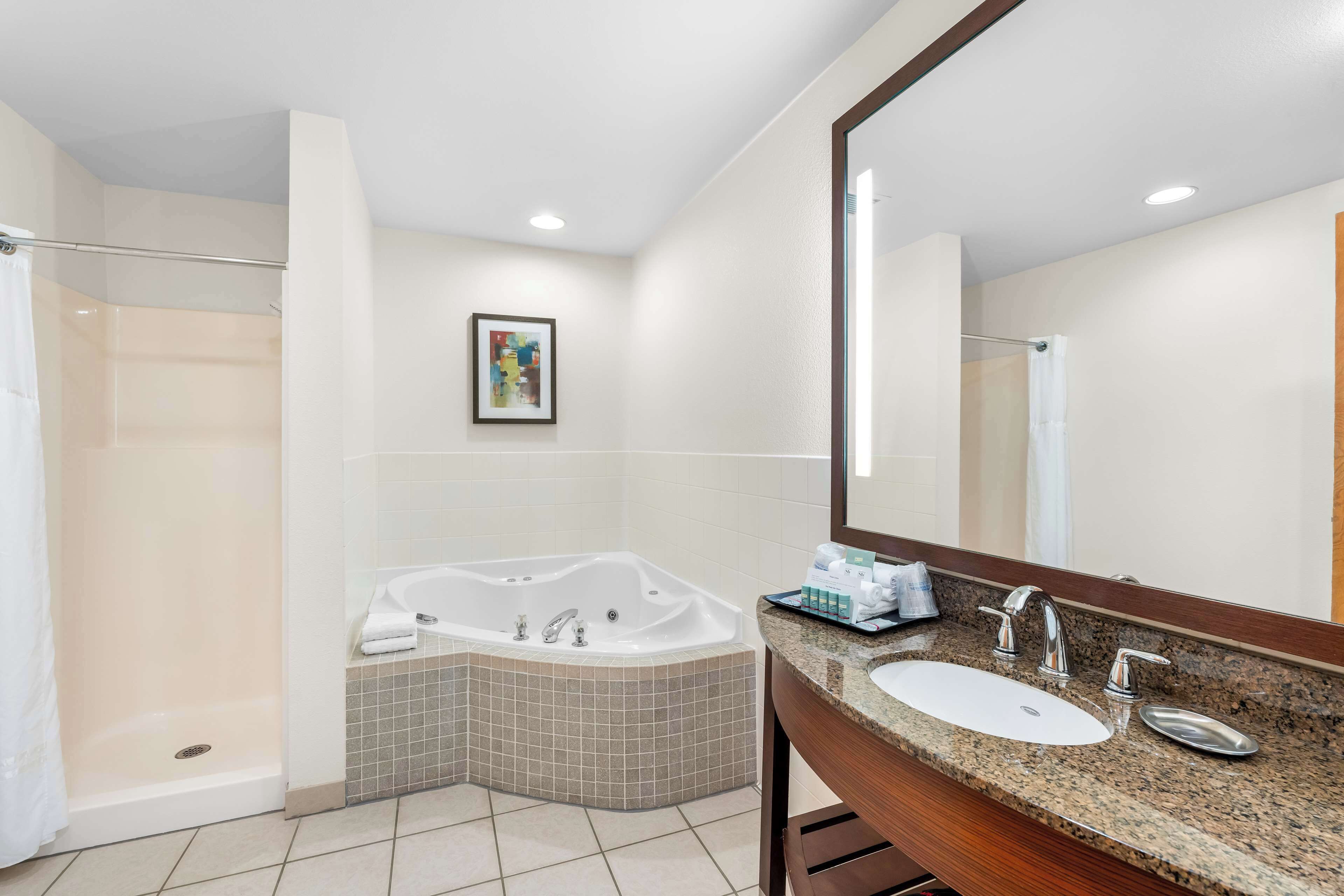 suite, 1 king bed with sofa bed, non smoking, jetted tub (with sofabed) | bathroom | free toiletries, hair dryer, towels, soap