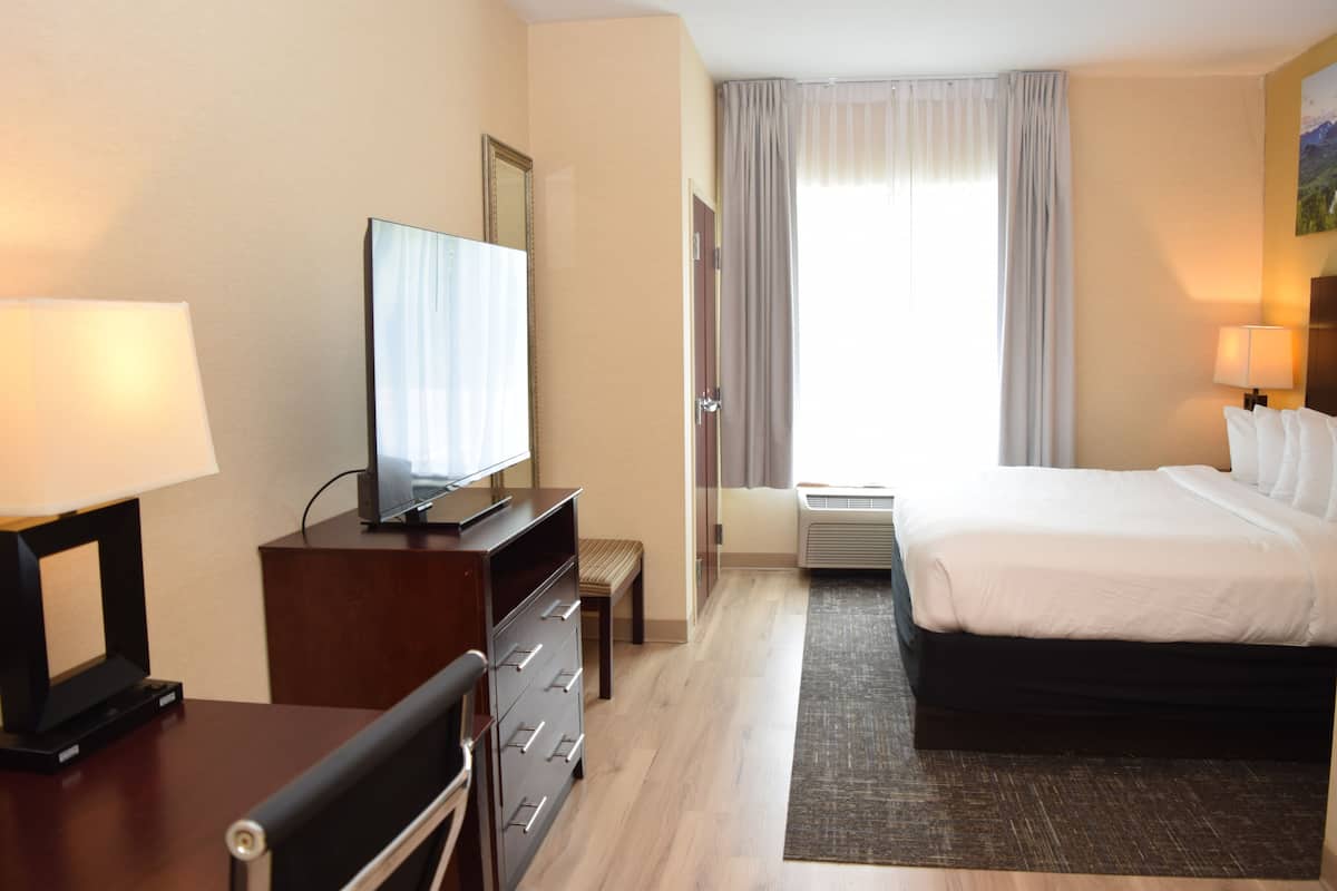 Hotelkamer met een bed, een bureau met een televisie, een stoel, een dressoir en een raam met gordijnen.