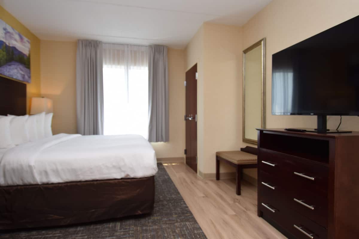 Een hotelkamer met een bed, een televisie, een dressoir en een raam met gordijnen.