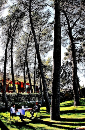 Two people seated at an outdoor table in a park-like setting with tall trees and a building in the background. - Portal del Caroig (Enguera)