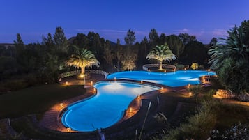 Outdoor pool, pool umbrellas, pool loungers