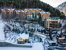 Una cabaña con varias construcciones, incluyendo una cabaña principal y cabañas de huéspedes, rodeada de árboles cubiertos de nieve y un paisaje montañoso.
