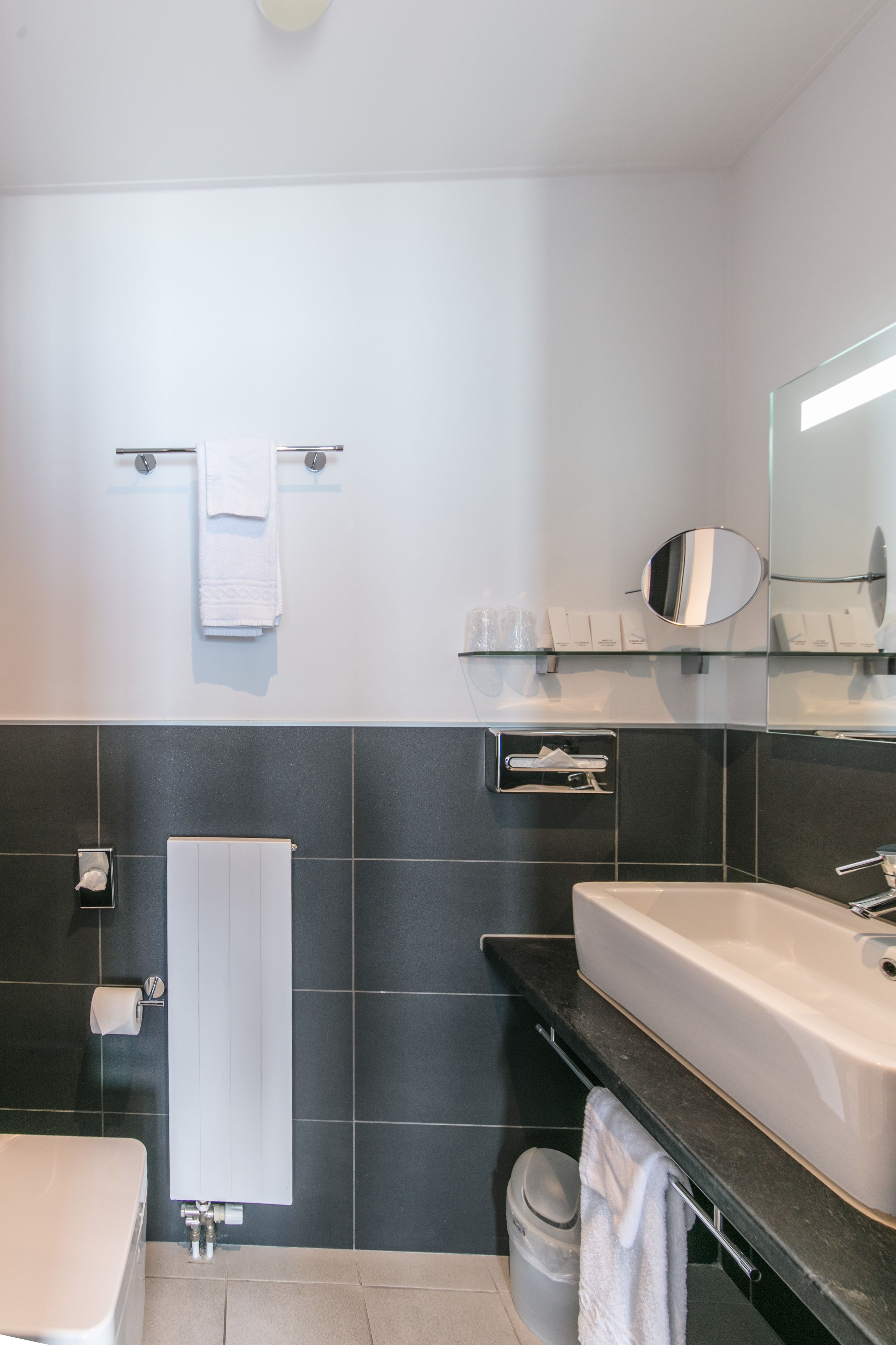 Un baño moderno con dos lavamanos, un espejo, un perchero para toallas y un inodoro.