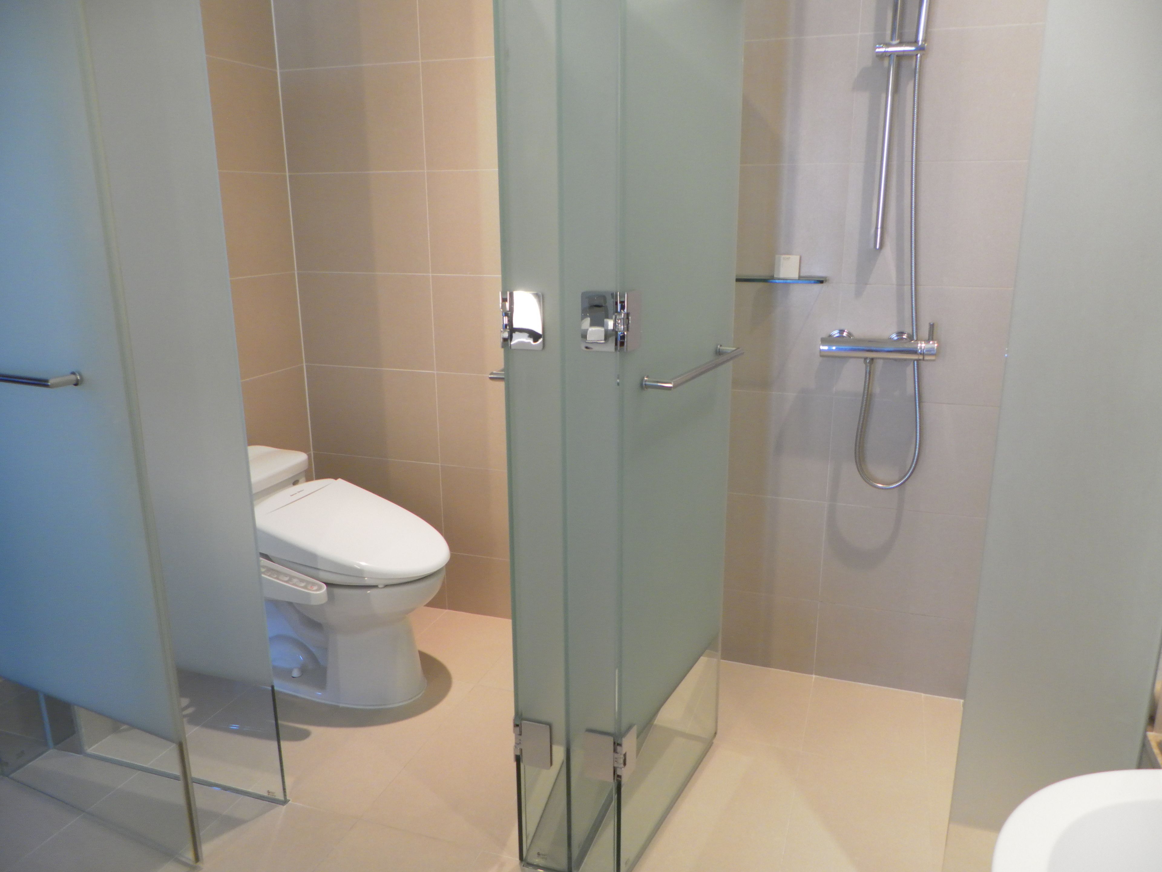 A modern bathroom with a glass shower enclosure, a toilet, and a bathtub.