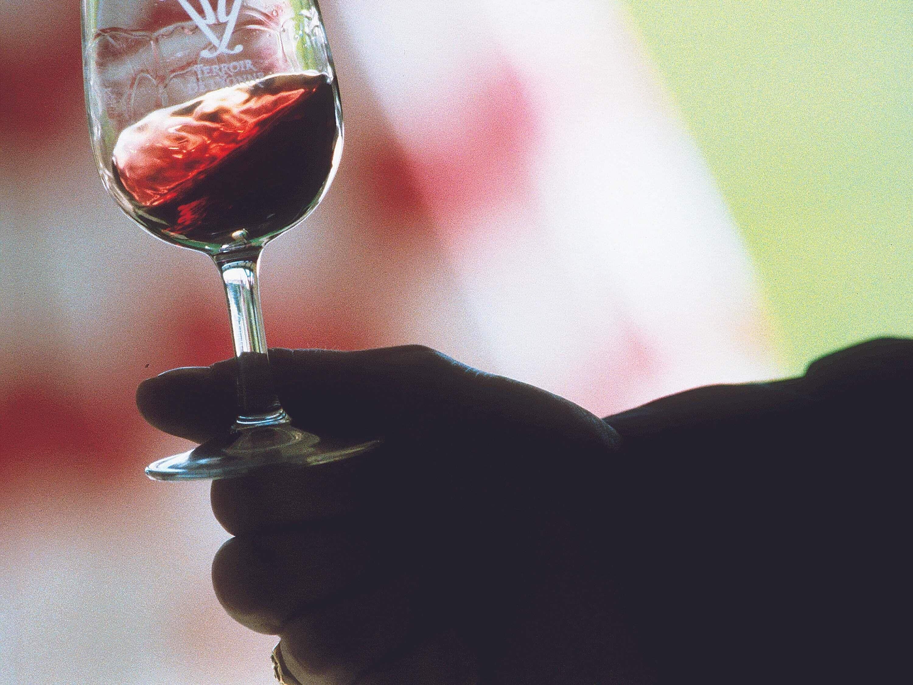 Une main tenant un verre à vin dans lequel se reflète un objet rouge, peut-être un fruit, sur un fond flou.