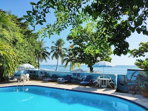 室外游泳池,提供泳池遮陽傘和日光浴躺椅