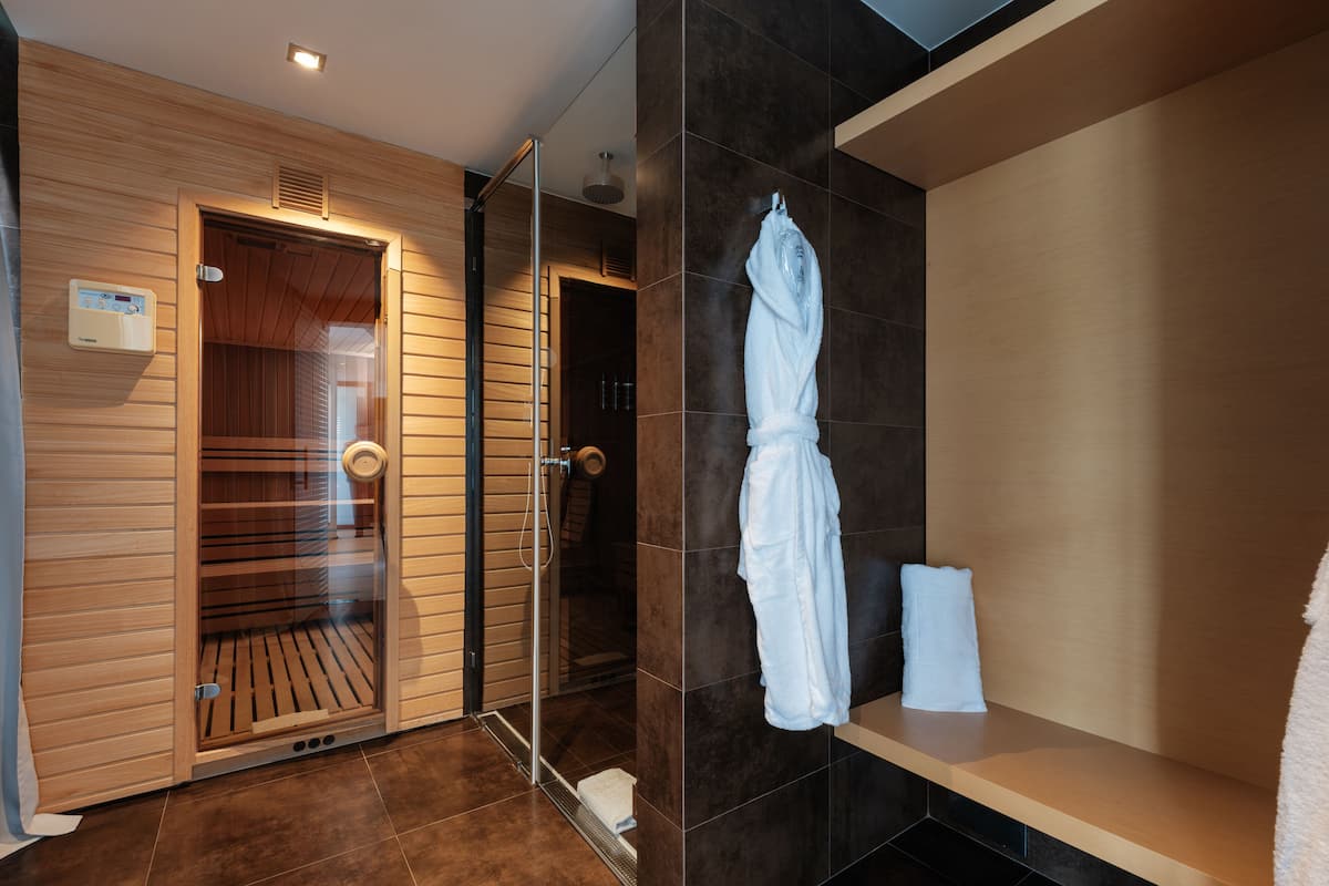 Eco-friendly toiletries, hair dryer, bathrobes, towels