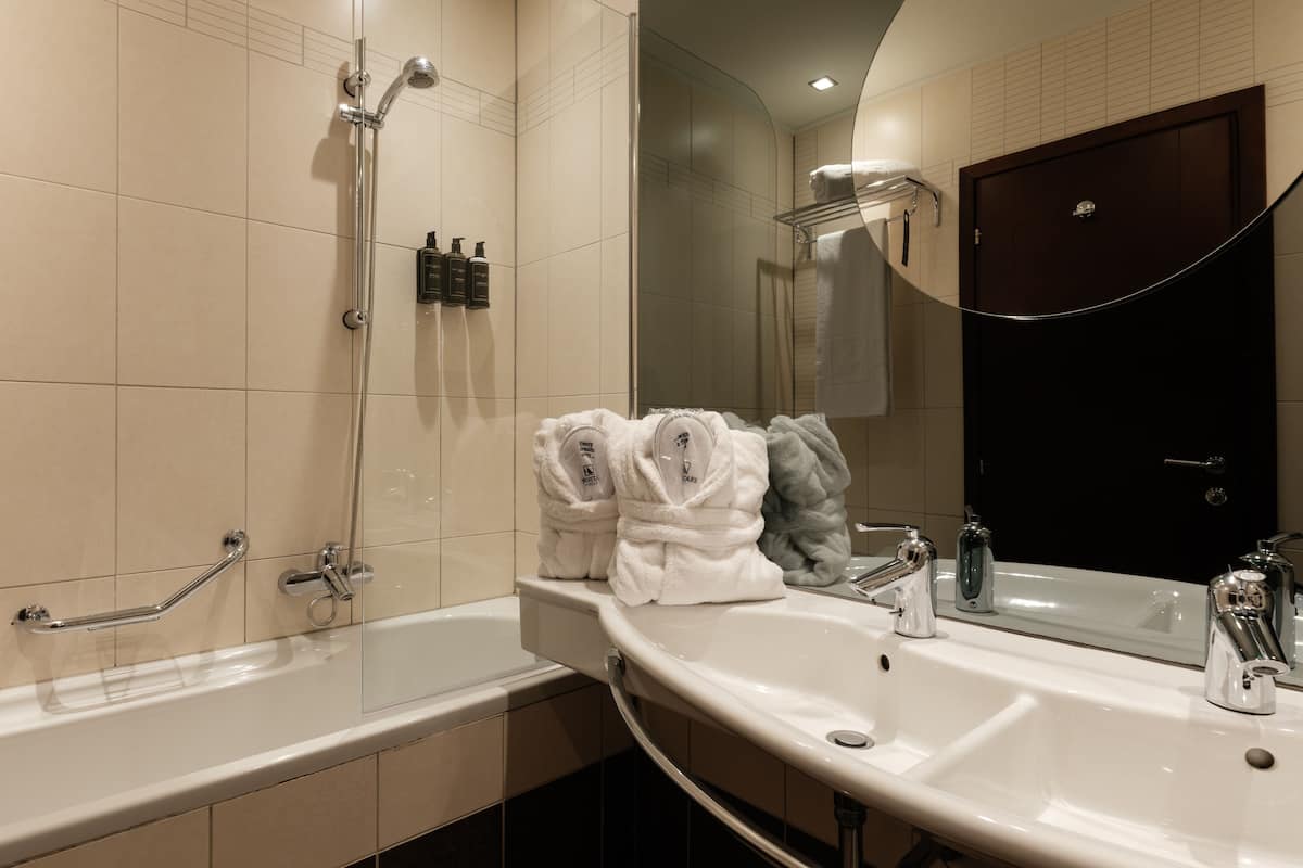 Eco-friendly toiletries, hair dryer, bathrobes, towels