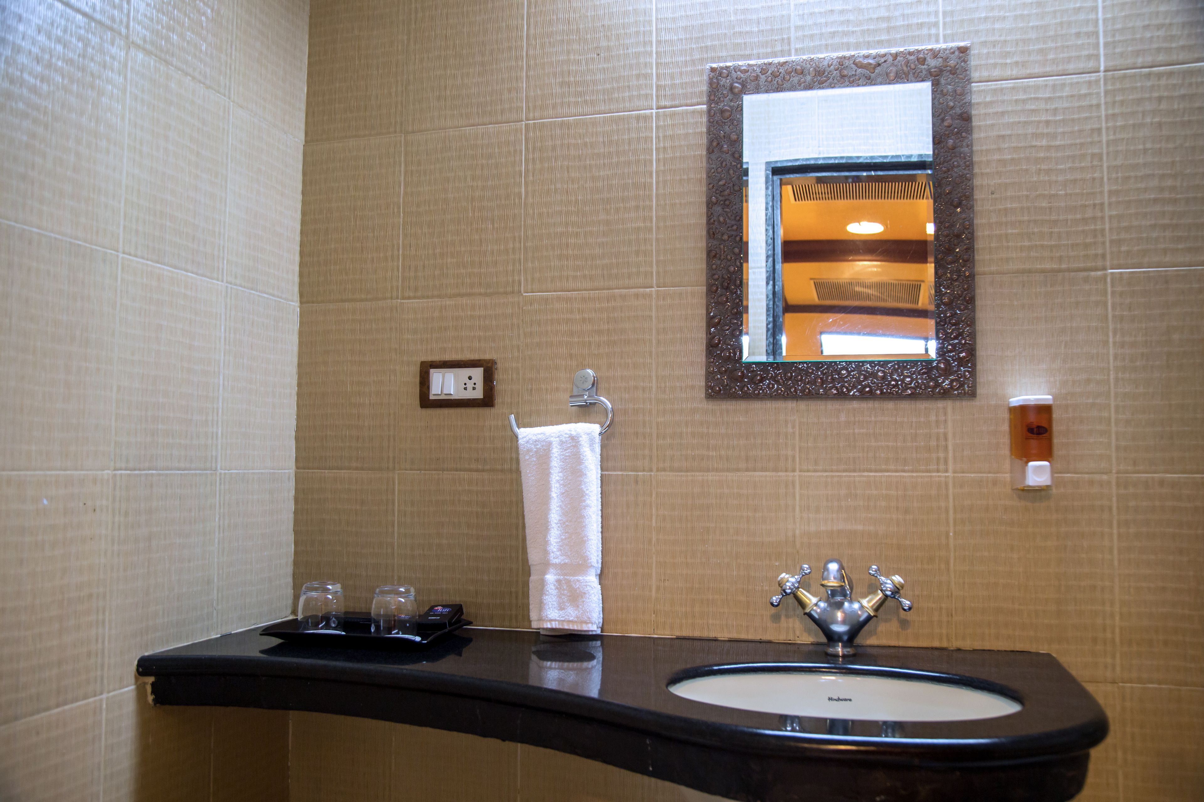 A bathroom with a curved sink, a mirror, and a towel rack.