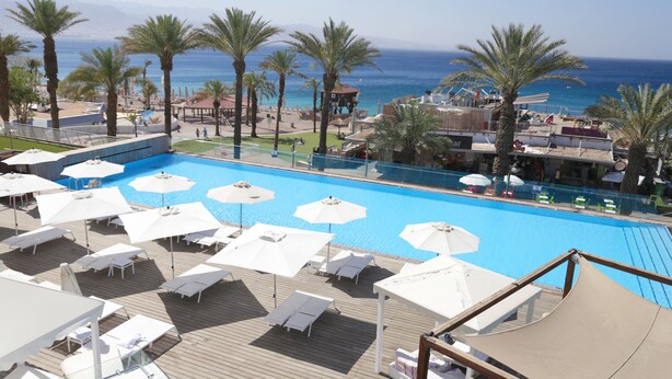 Un espace piscine doté de chaises longues et de parasols, offrant une vue sur une plage bordée de palmiers et une vue dégagée sur l’océan.