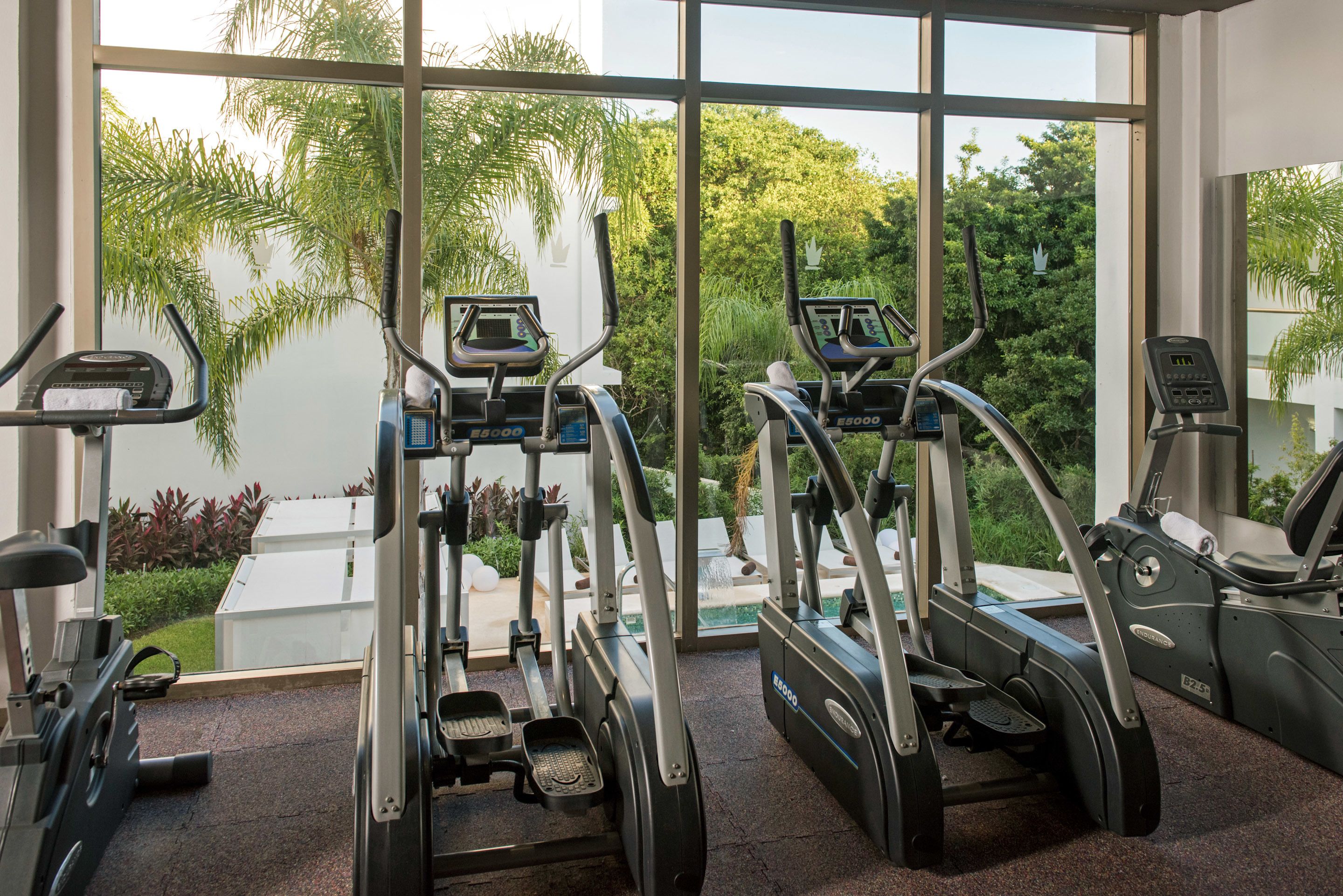 Une salle de sport équipée de tapis de course et d’appareils d’exercice, dotée de grandes fenêtres et offrant une vue sur la verdure.