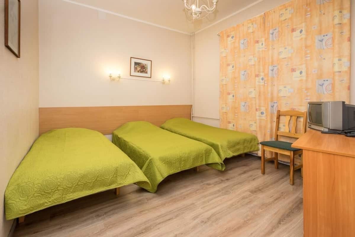Una habitación con dos camas individuales, un escritorio de madera, una silla, un televisor y una cortina estampada.