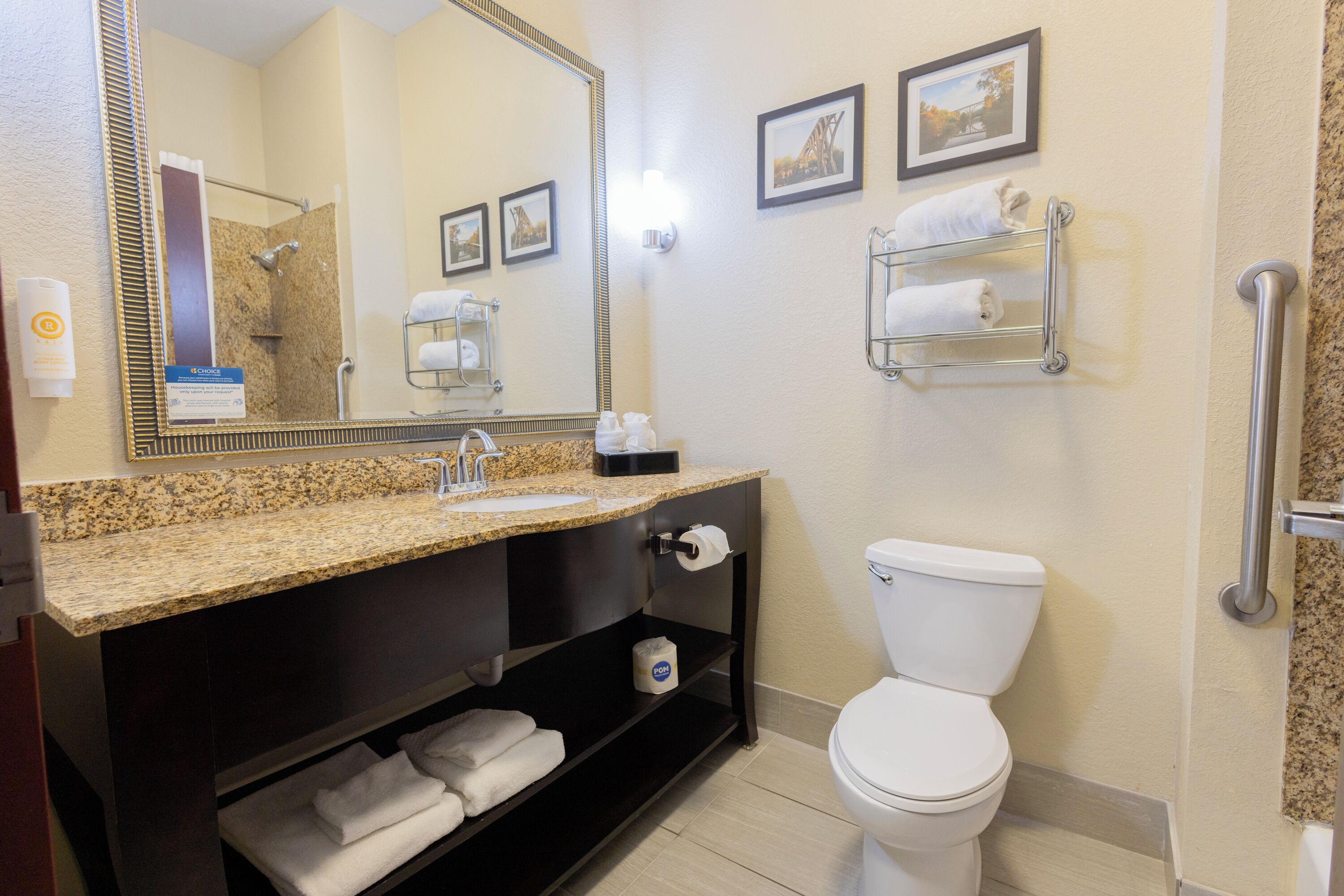 free toiletries, hair dryer, towels, soap