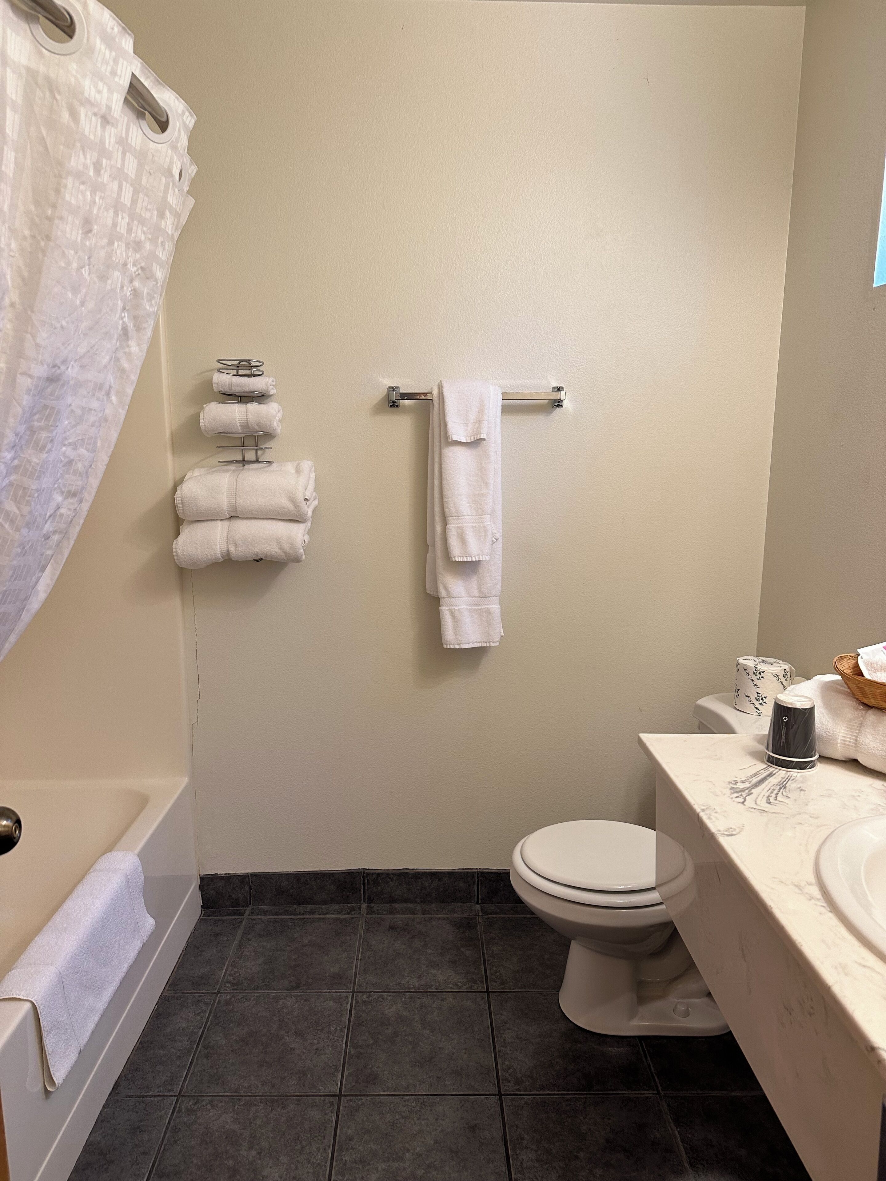 two queen beds nonsmoking | bathroom | combined shower/bathtub, towels