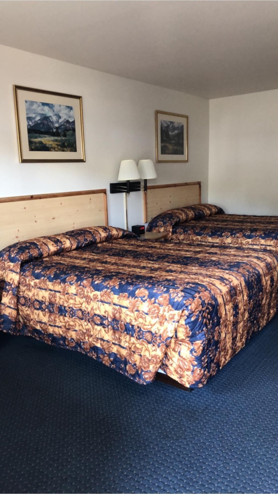 Ein Hotelzimmer mit zwei Betten, einem Kopfteil, einer Lampe und zwei gerahmten Bildern an der Wand.