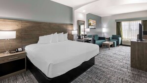 Une chambre d’hôtel avec un grand lit, un bureau avec une chaise, un canapé et une télévision.