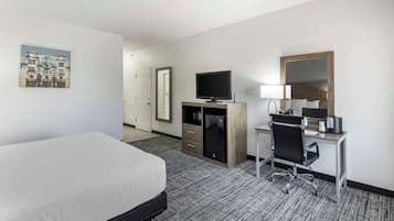 Una habitación de hotel con cama, escritorio, computadora, televisor y espejo.