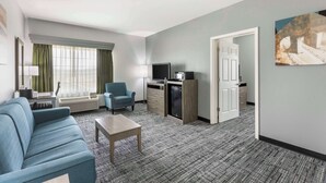 Une chambre d’hôtel moderne dotée d’un coin salon, d’une kitchenette et d’une porte donnant sur une autre pièce.