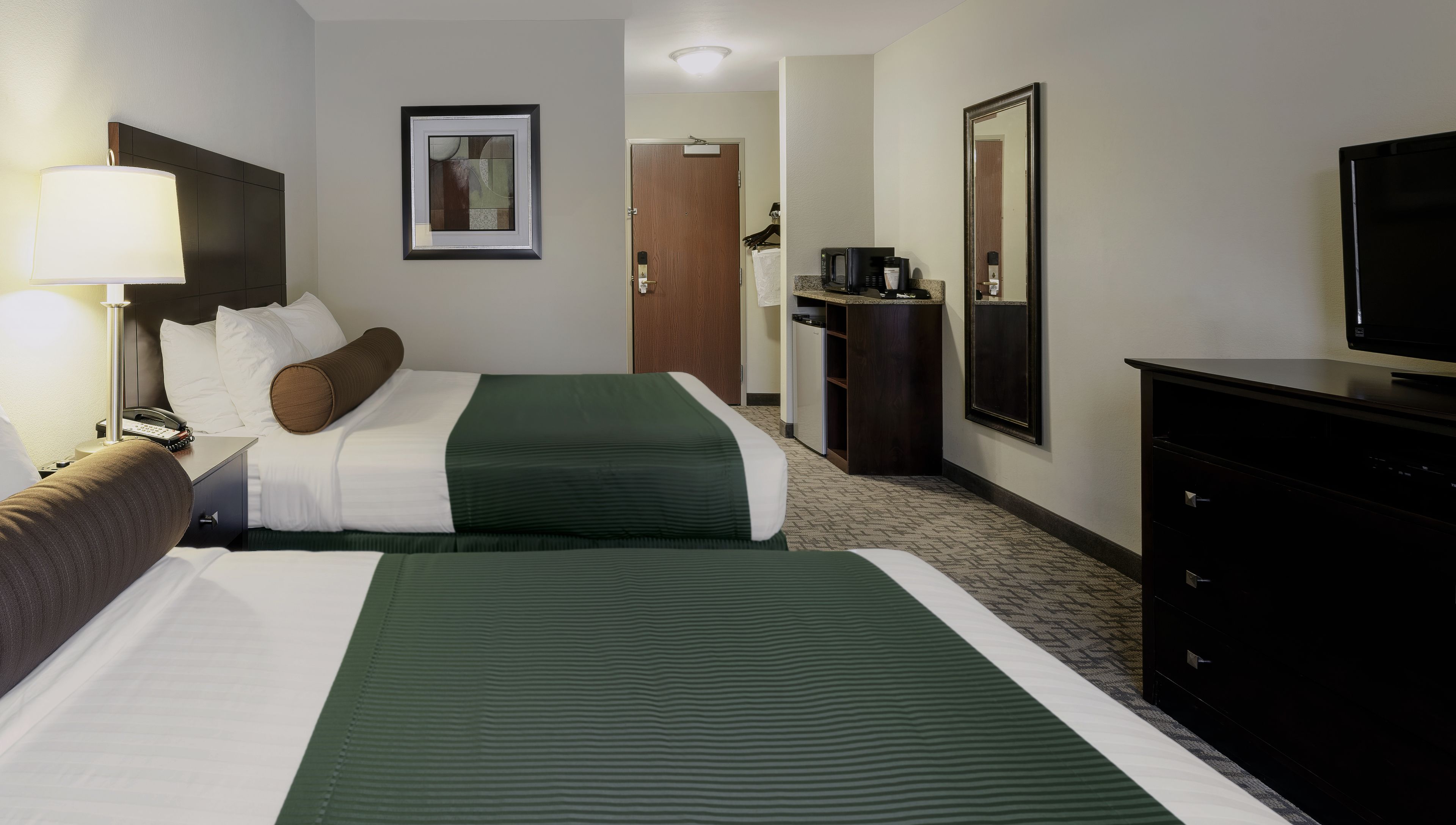 standard room, 2 queen beds, non smoking | desk, laptop workspace, blackout curtains, iron/ironing board