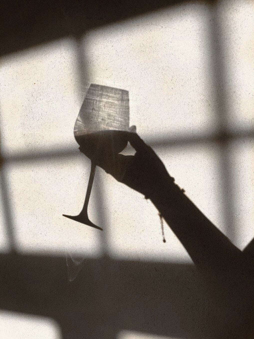 A hand holding a glass with a liquid, against a background of window panes.