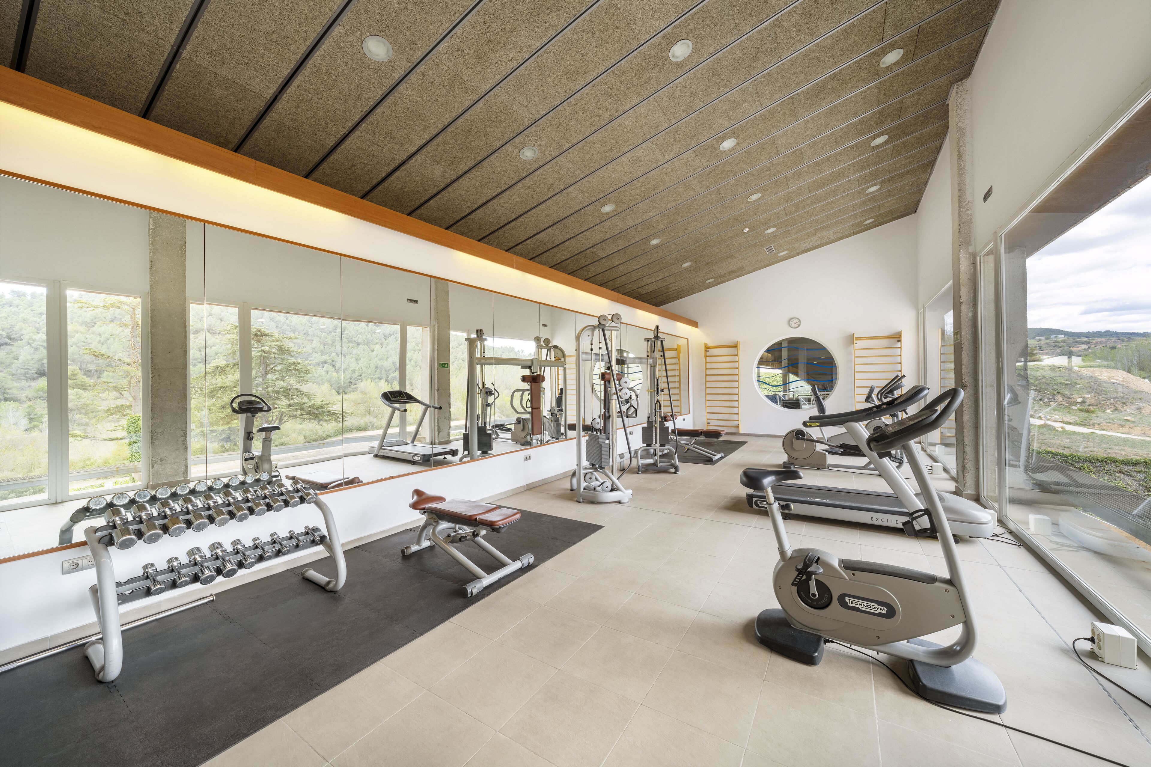 Une salle de sport moderne équipée de divers appareils d’exercice, dotée de grandes fenêtres et offrant une vue sur l’extérieur.