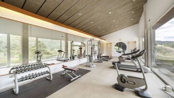 Une salle de sport moderne équipée de divers appareils d’exercice, dotée de grandes fenêtres et offrant une vue sur l’extérieur.