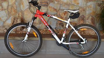Una bicicleta de montaña con estructura blanca y detalles rojos, estacionada frente a un muro de piedra.
