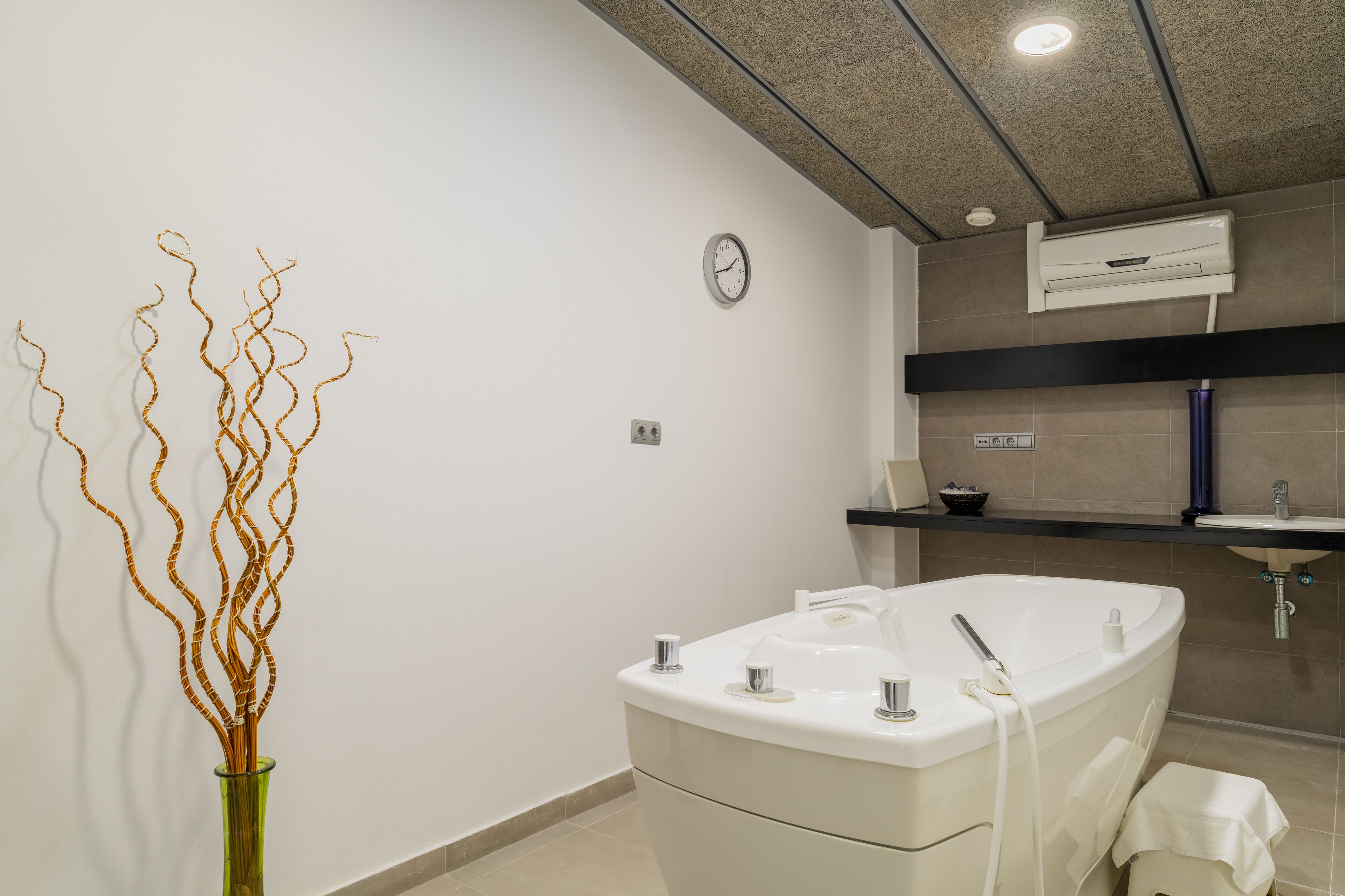 Un baño moderno con una bañera independiente, un reloj de pared y una planta decorativa.